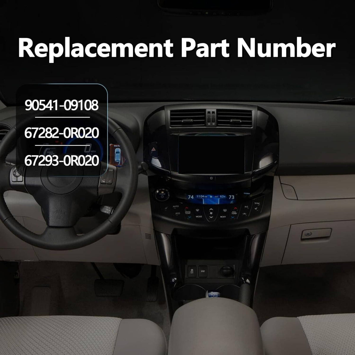Car interior dashboard view with replacement part number labels