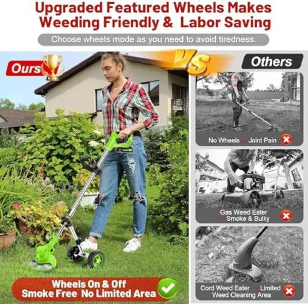 Green cordless grass strimmer with wheeled base, long shaft, and circular cutting head