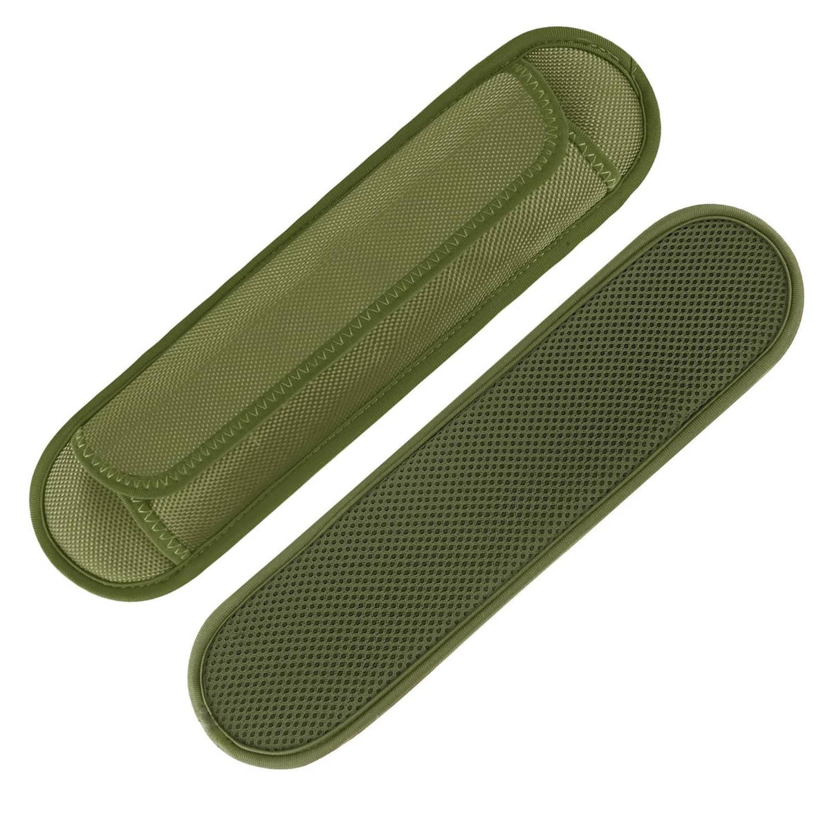 Pair of army green sandwich mesh shoulder pads, soft oval shape with stitched edges
