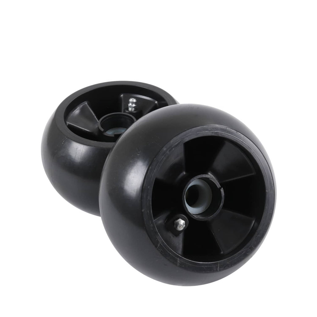 Two black deck mower wheels, angled view showing center bearing and bolt