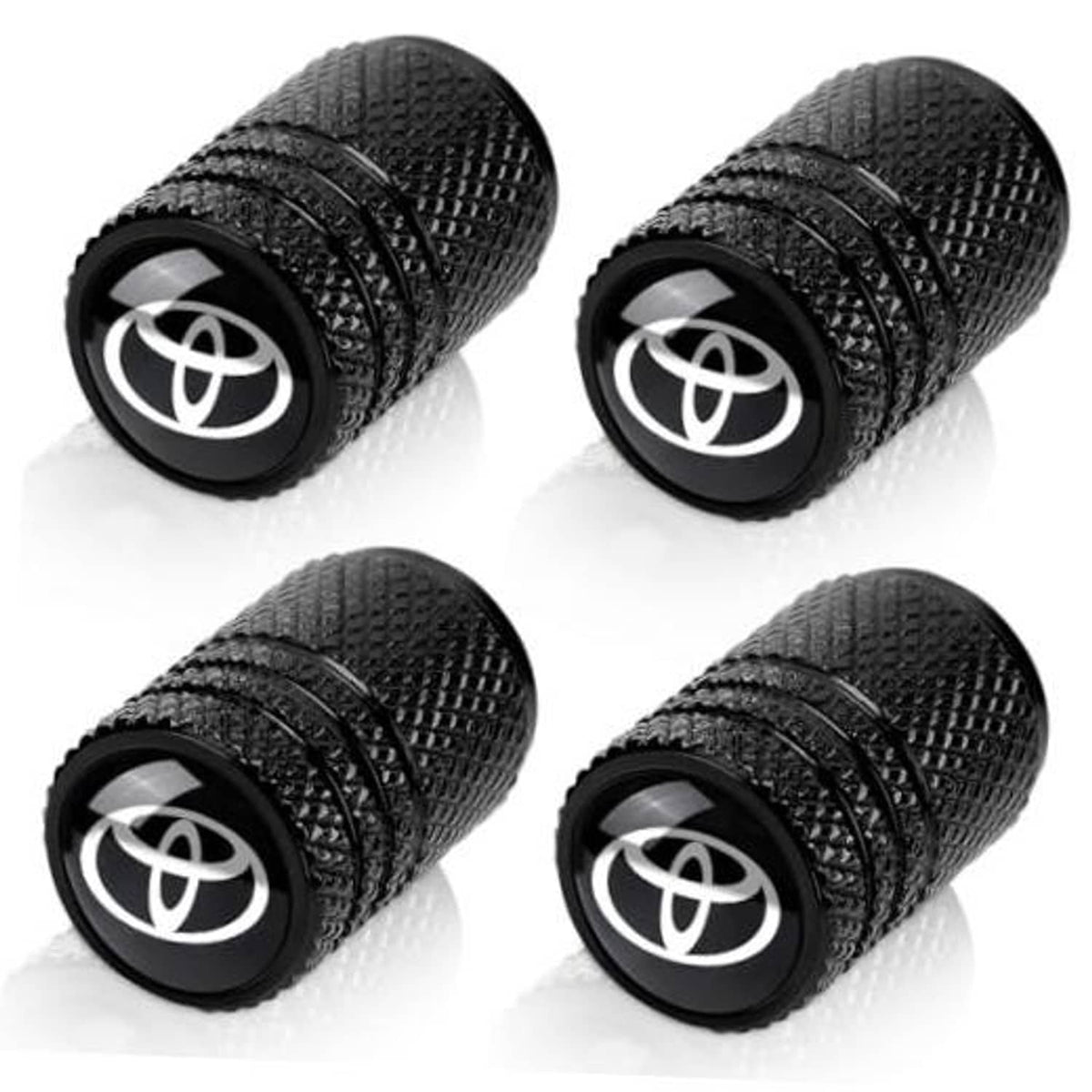 Set of four black textured tire valve stem caps with Toyota emblem, threaded end exposed