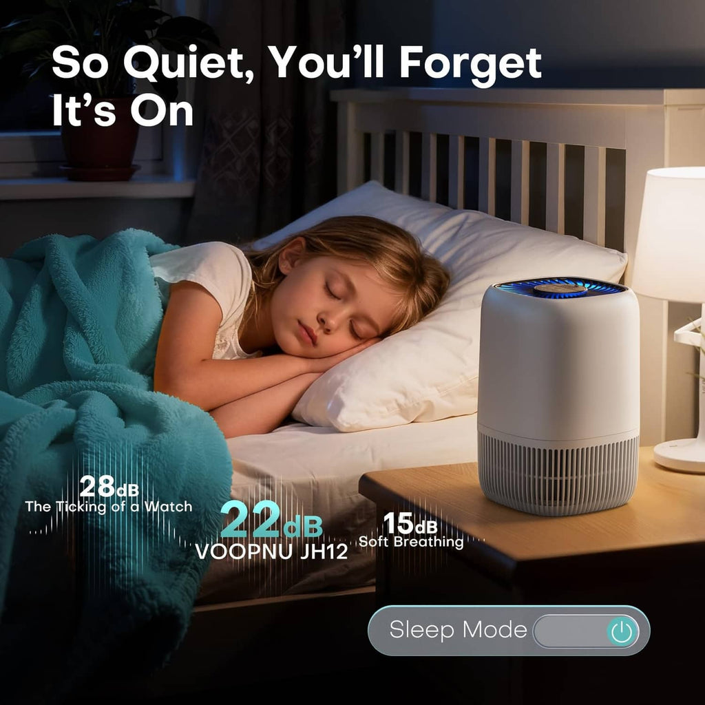 White air purifier on a bedside table with visible top fan grille