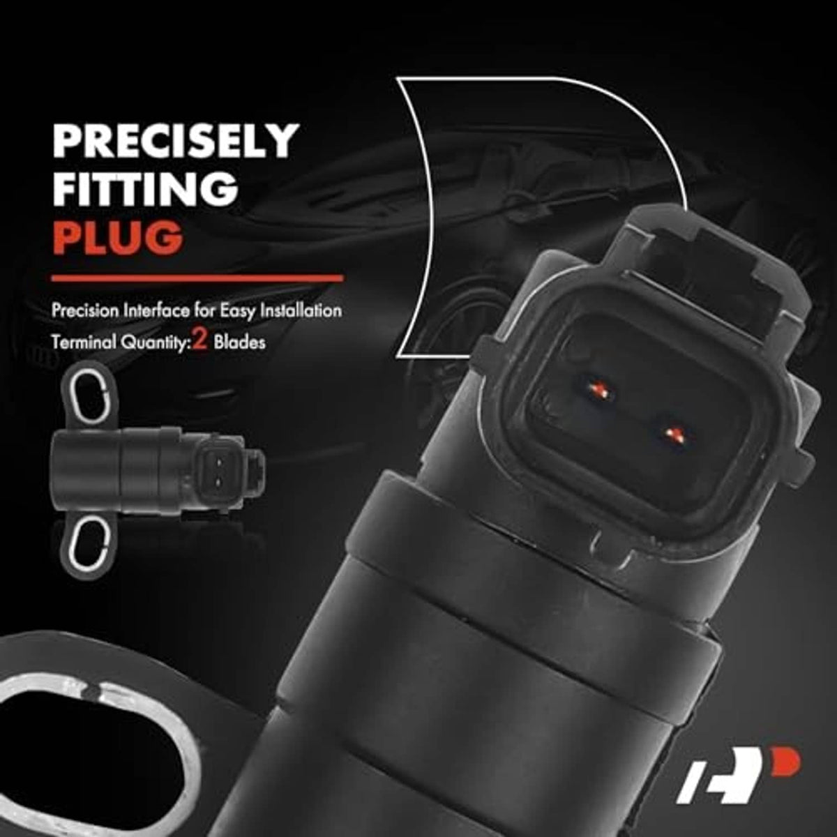 Crankshaft position sensor with two-pin connector and mounting loop, close-up