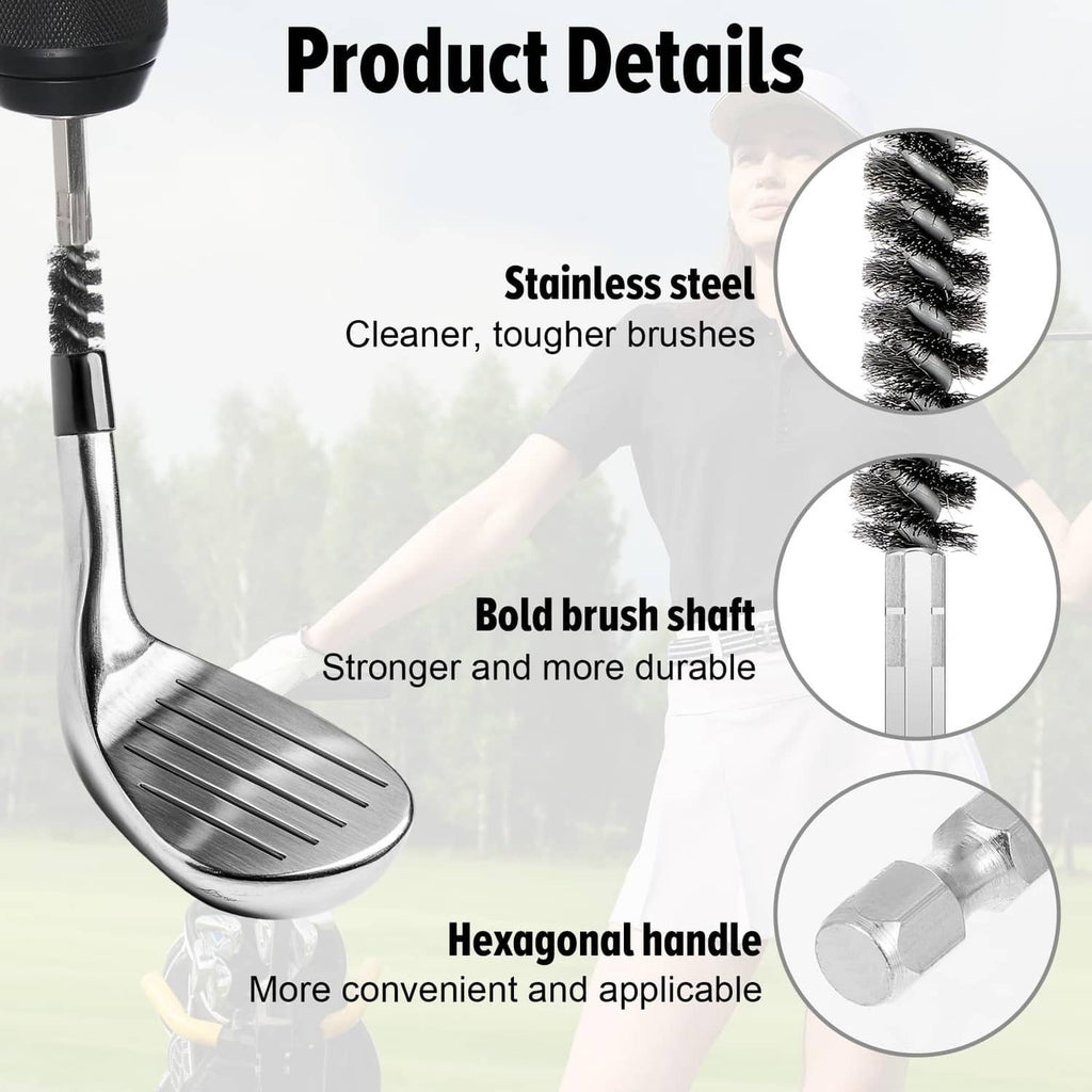 Stainless steel golf club brush set with black bristles and silver hex handle