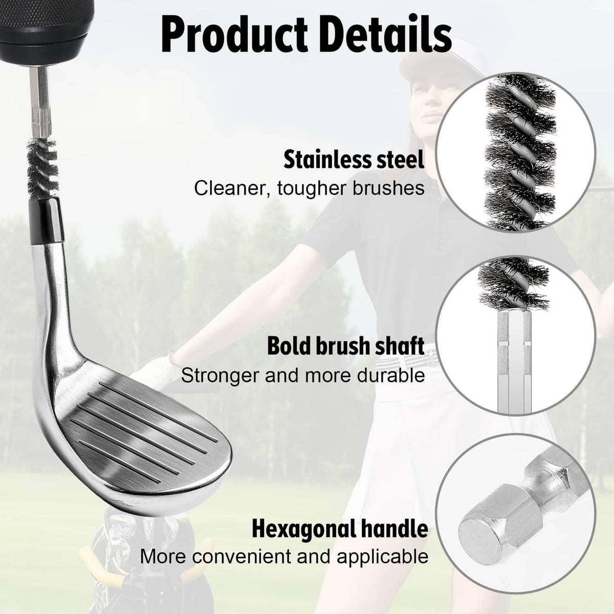 Stainless steel golf club brush set with black bristles and silver hex handle