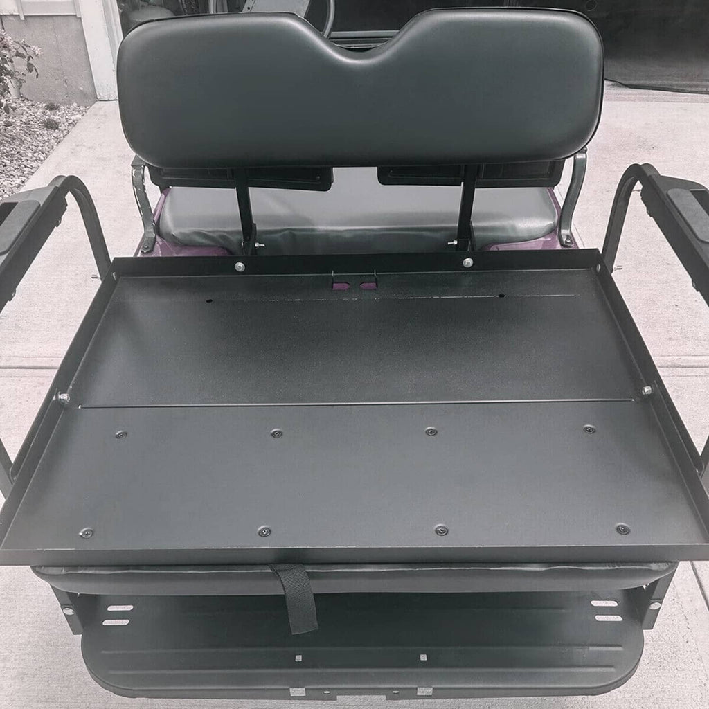 Black flip-folding rear back seat kit with upholstered seat and flat cargo deck