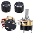 Black linear taper potentiometer with round knob and metal threaded shaft, on/off type