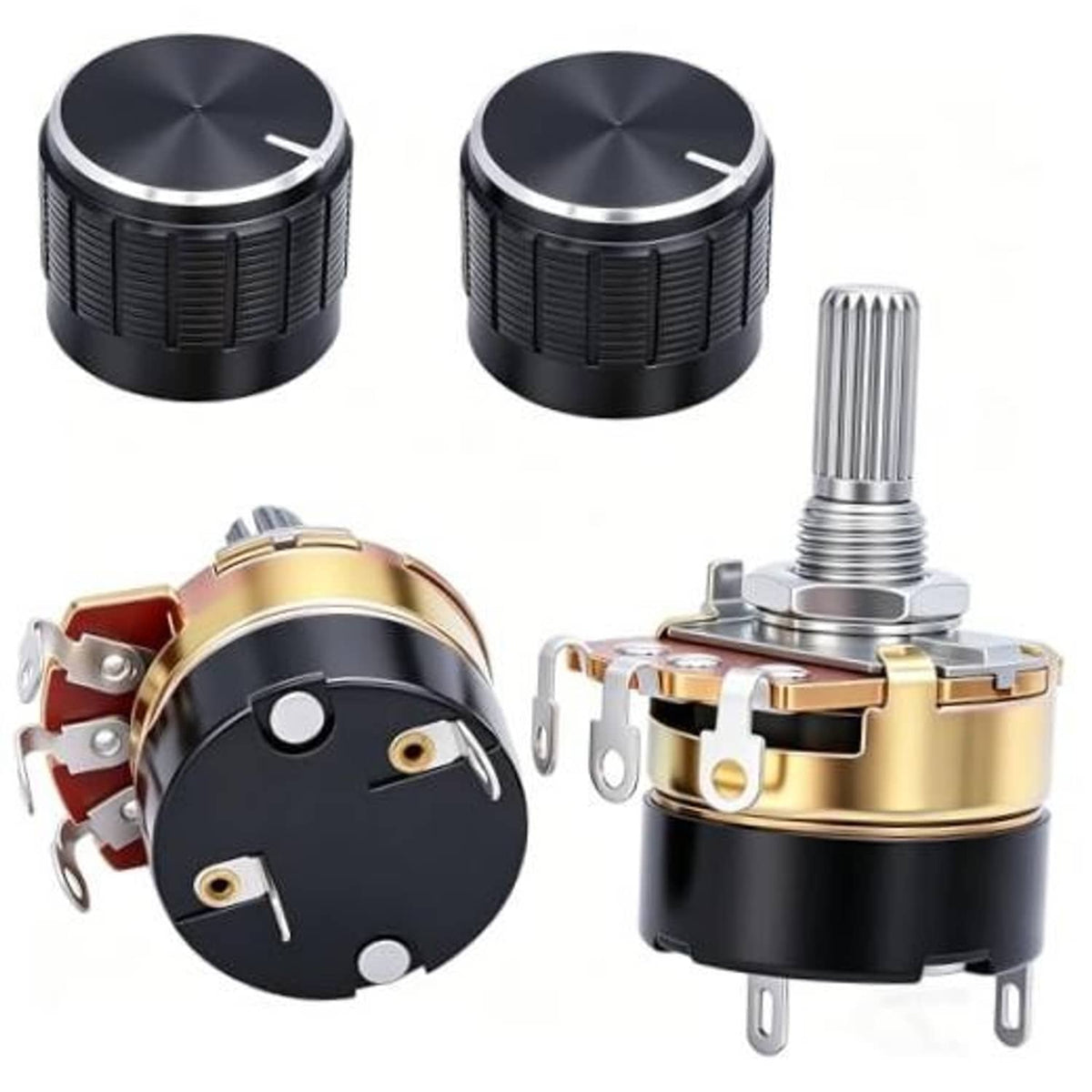Black linear taper potentiometer with round knob and metal threaded shaft, on/off type