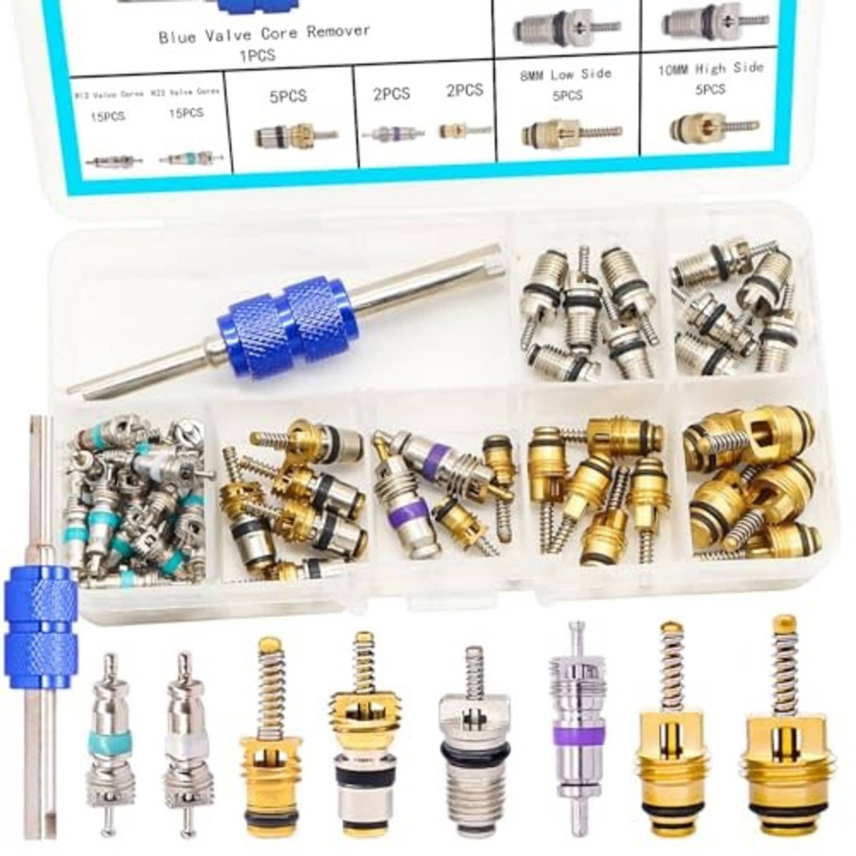 Air conditioner valve core kit with blue-handled remover tool and mixed brass and silver cores