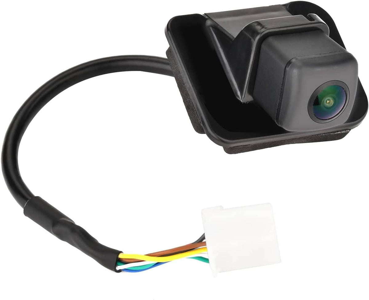 Backup camera with lens, black housing, and cable ending in white connector