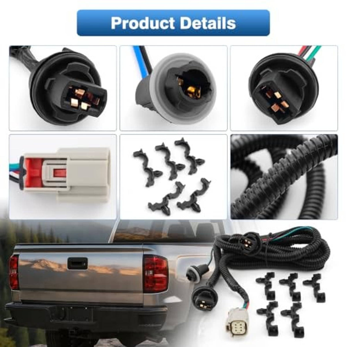 Close-up tail light wiring harness with black sockets, beige multi-pin plug, and small mounting clips