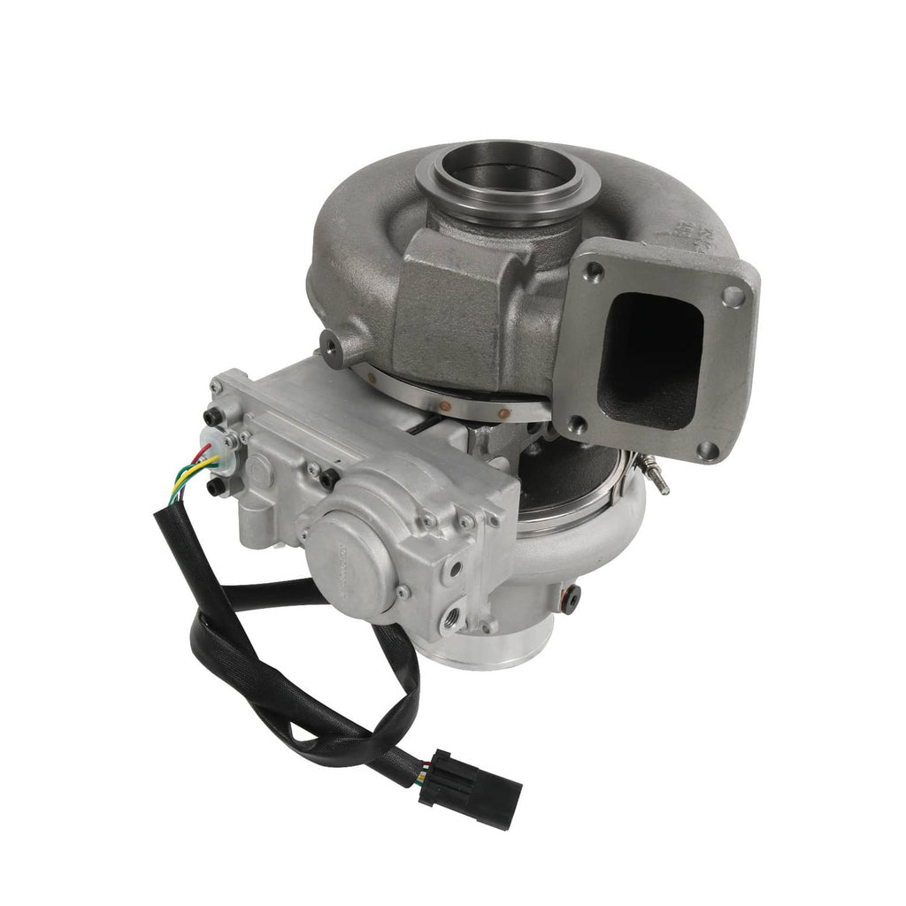 Turbocharger with intake flange and inlet pipe, showing solenoid valve hardware