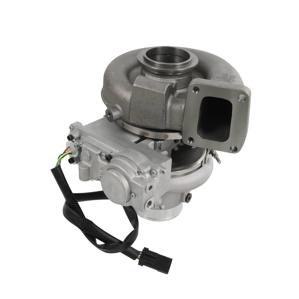 Turbocharger with intake flange and inlet pipe, showing solenoid valve hardware