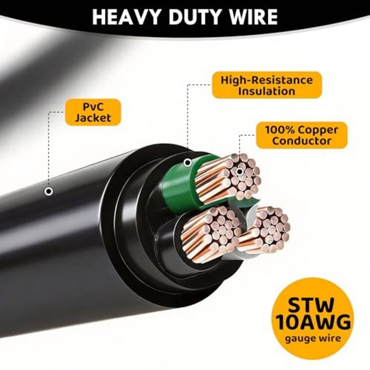 Heavy-duty adapter cable cross-section with copper conductors and black outer jacket