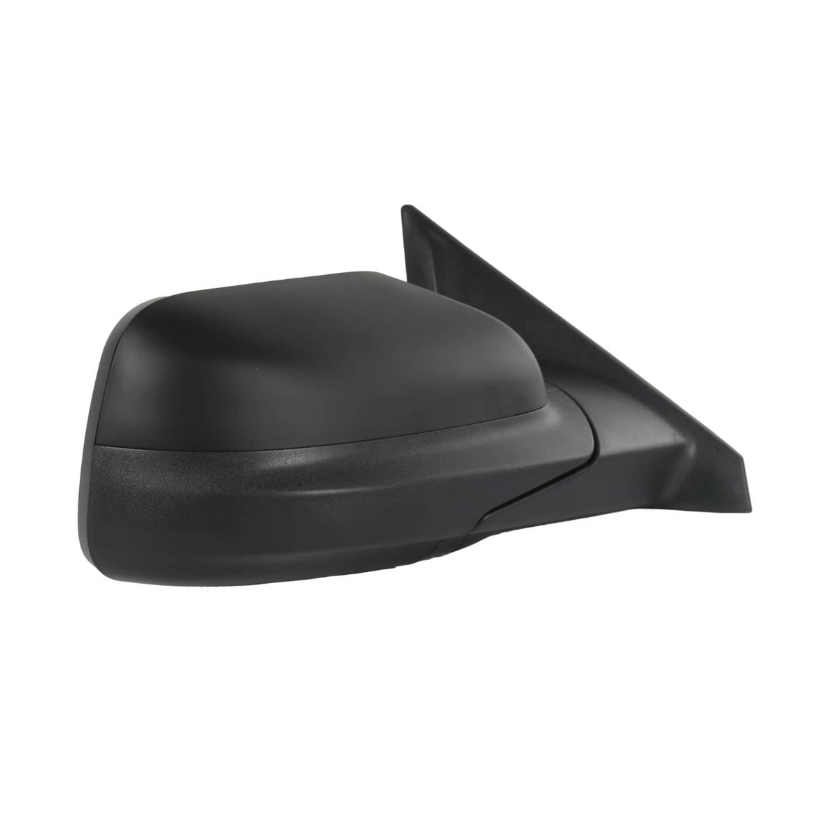 Textured black exterior side mirror with angular outer edge and manual fold housing