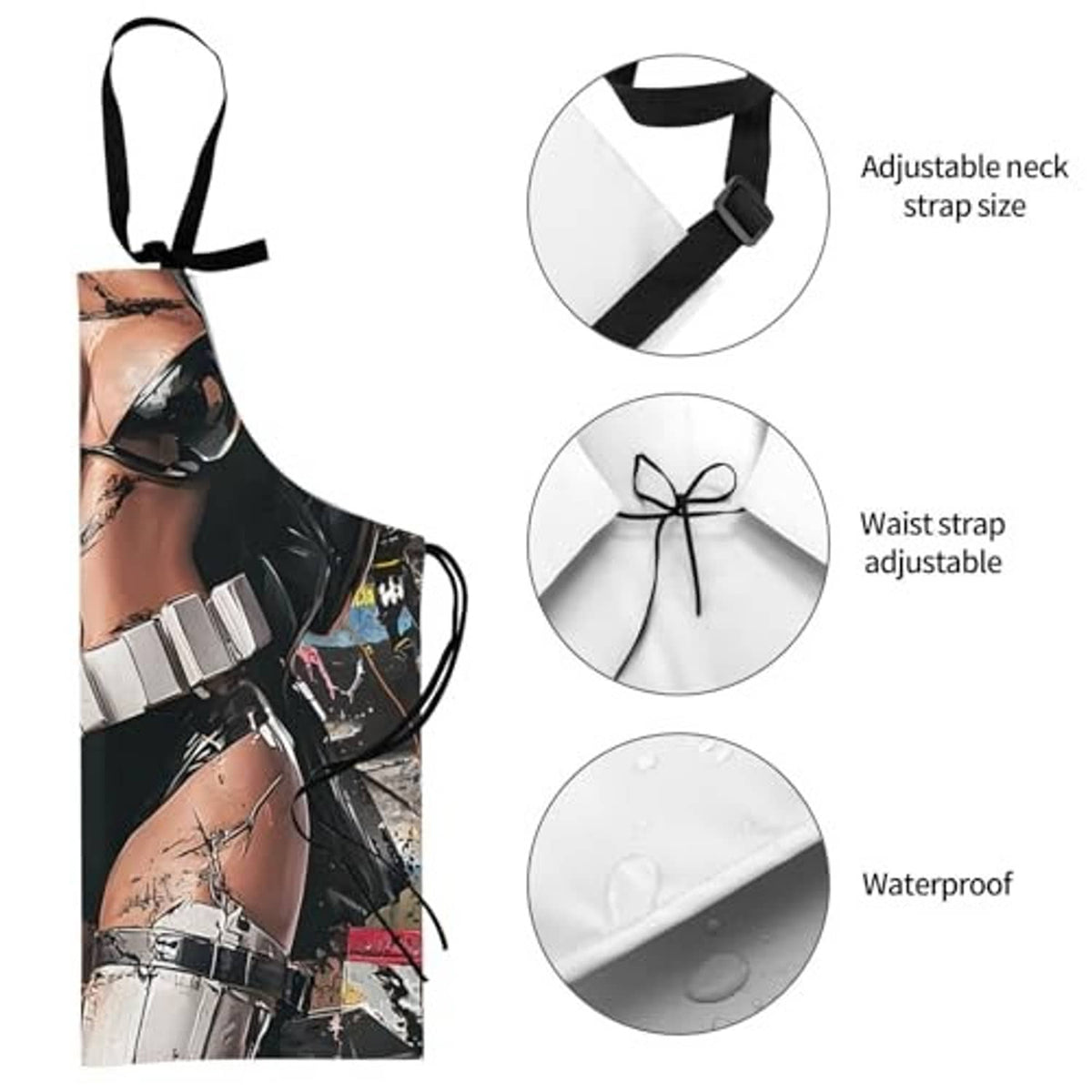 Adjustable neck and waist straps on black skeleton Halloween apron, waterproof fabric
