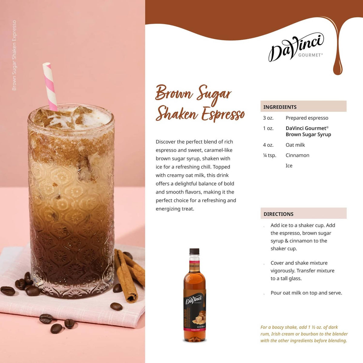 Brown sugar syrup shaken espresso set with drink glass and small syrup bottle