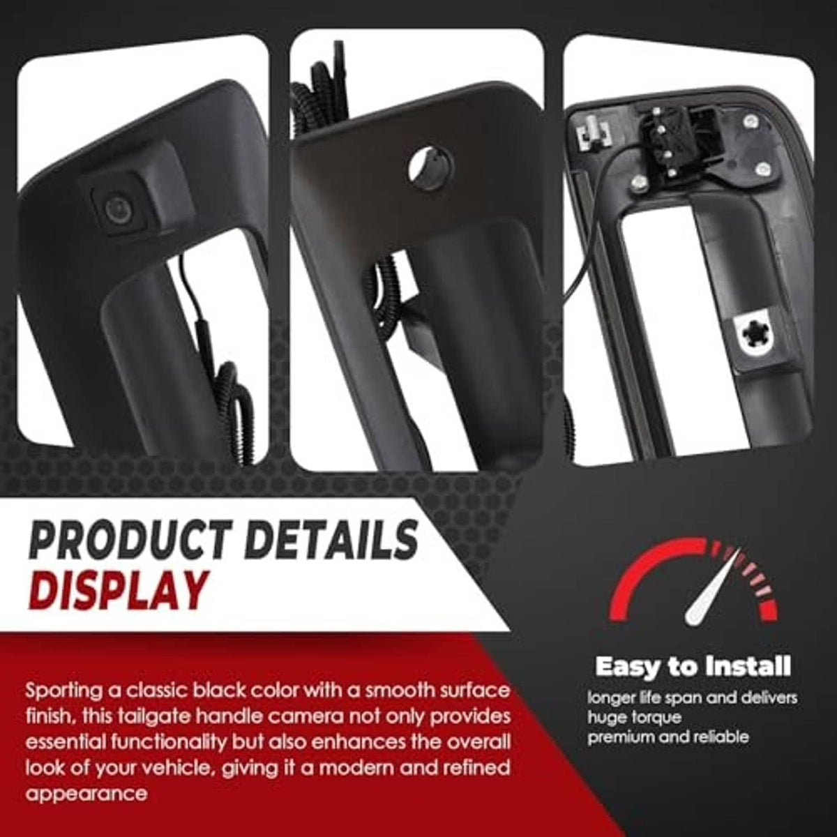 Black tailgate handle backup camera with mounting bracket and cables, multiple views
