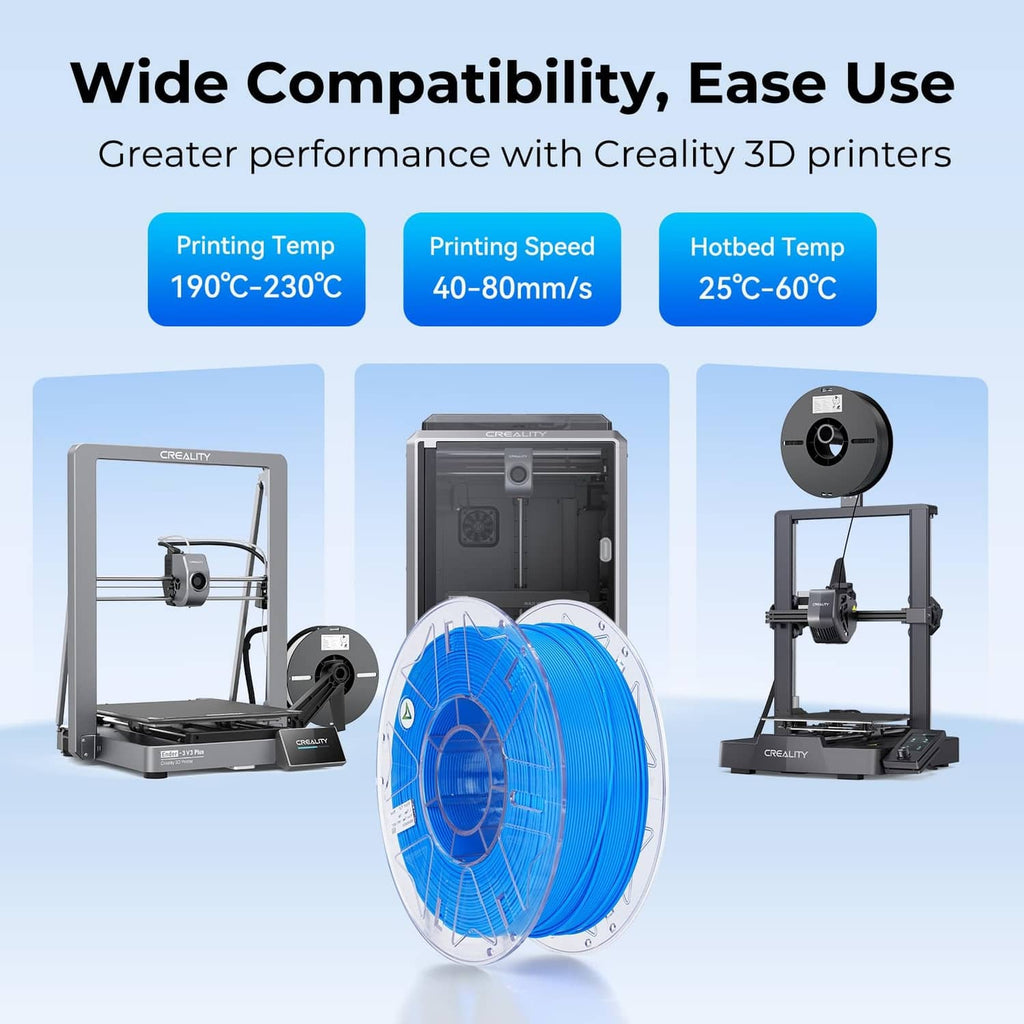 Blue PLA filament spool shown with compatible 3D printer setup