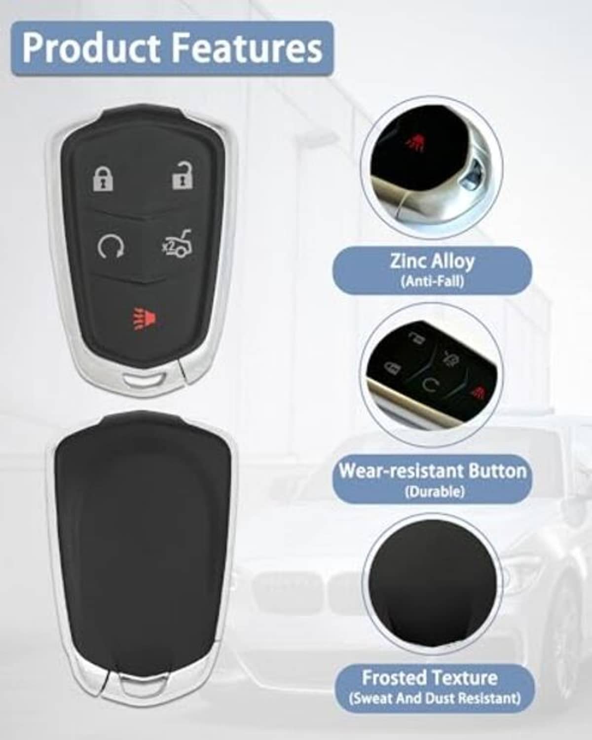 Black key fob cover with molded button icons and frosted, wear-resistant textured surface