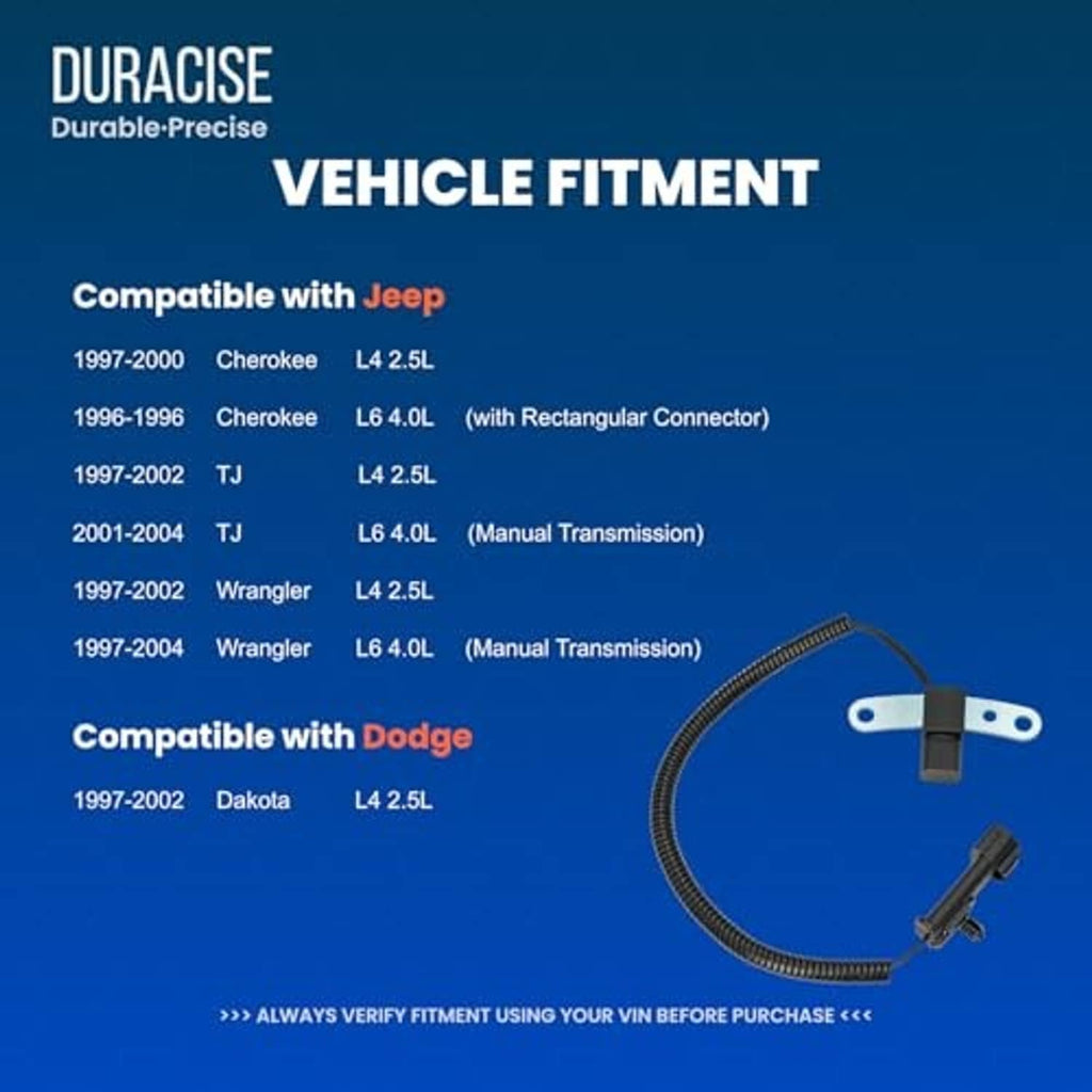 Crankshaft position sensor vehicle fitment chart with sensor shown at bottom
