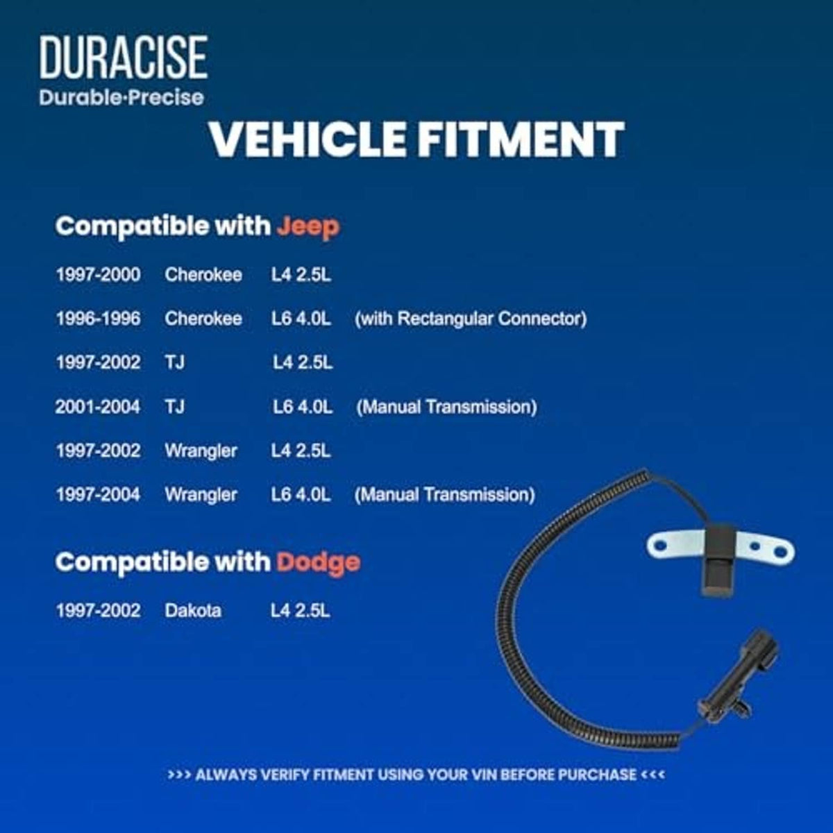 Crankshaft position sensor vehicle fitment chart with sensor shown at bottom
