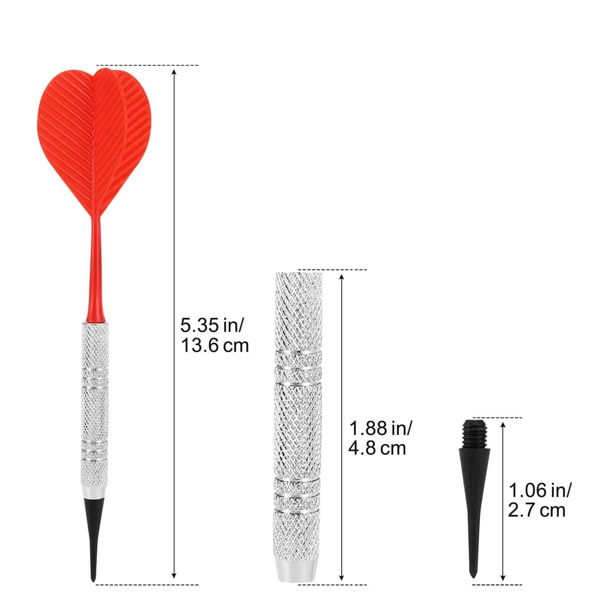 Soft tip dart size chart showing red dart length and black point dimensions