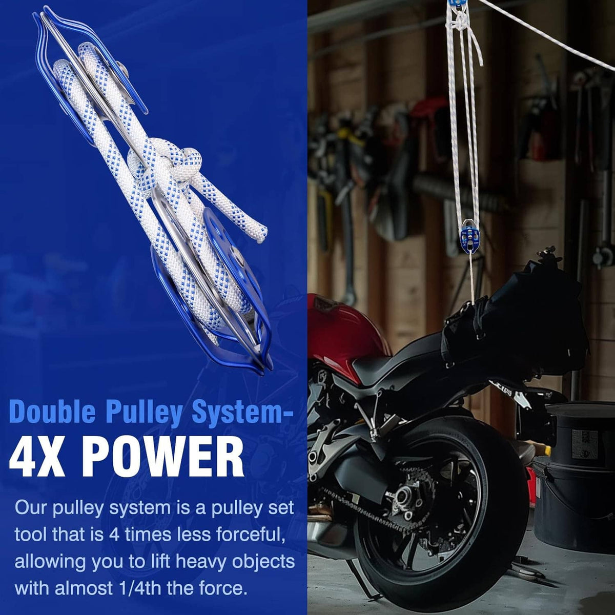 Blue double pulley system with braided rope, top fixed sheave and lower movable sheave