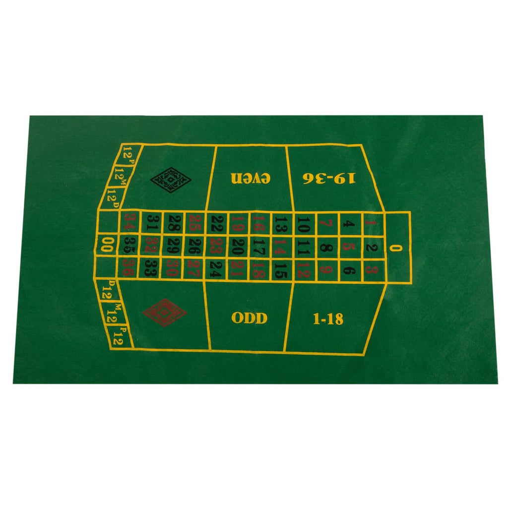 Roulette betting layout on green felt with numbered odds, even, and range sections in yellow