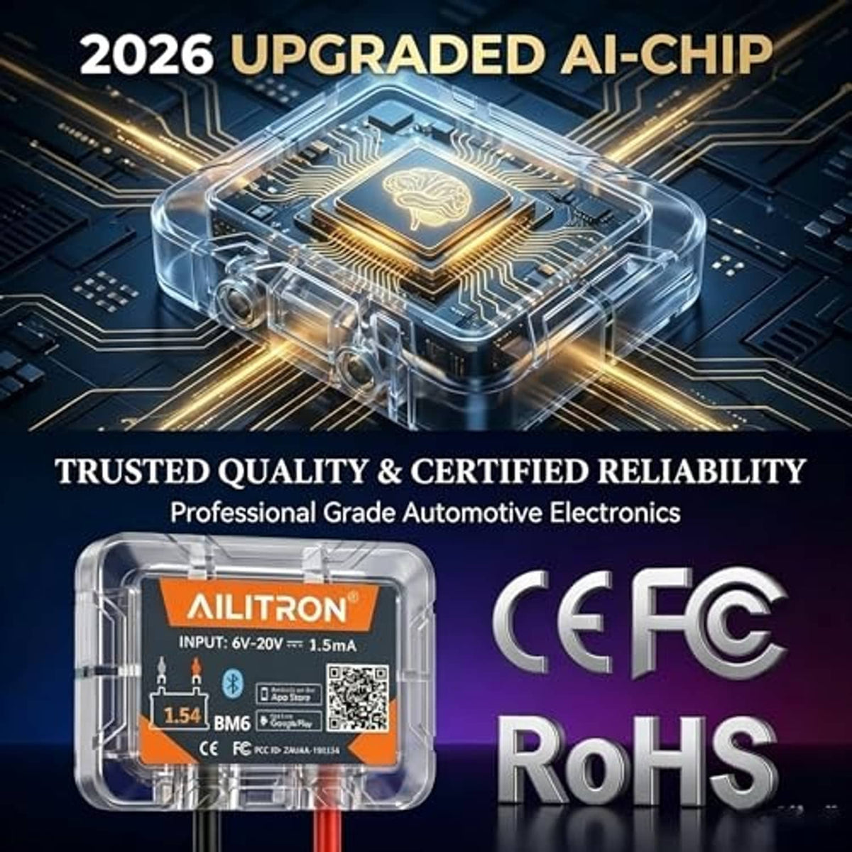 Bluetooth 12V battery monitor in clear housing with orange label and approval marks
