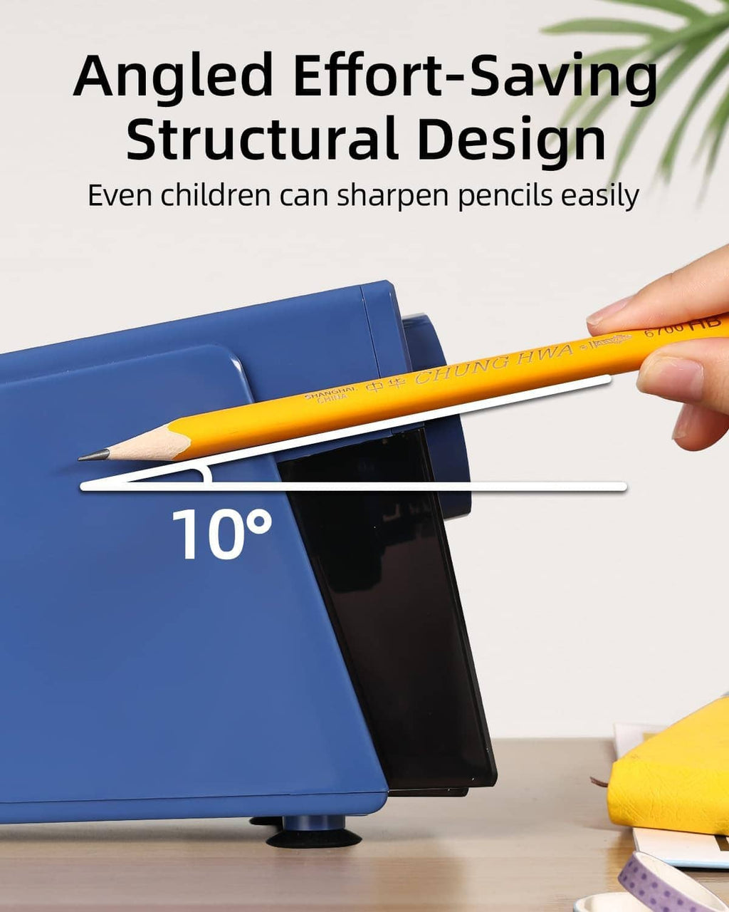 Blue electric pencil sharpener with pencil inserted into angled feed slot