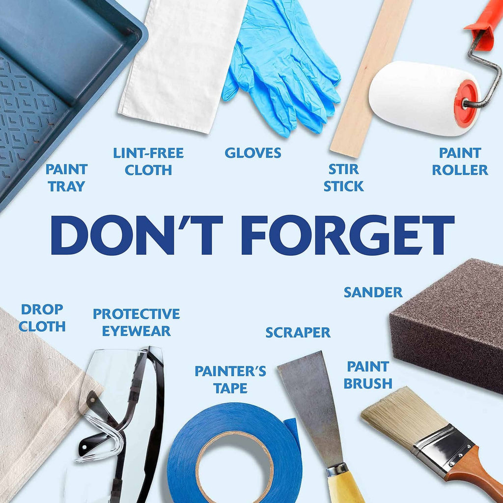 Paint supplies assortment: gloves, cloth, roller, tray, brush, tape, sander