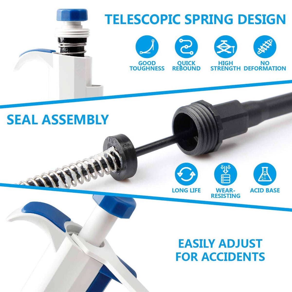 Single-channel micropipette showing telescopic spring design and seal assembly