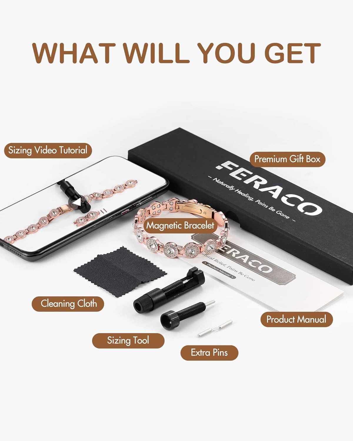 Rose gold magnetic bracelet with gift box, tools, and cleaning cloth