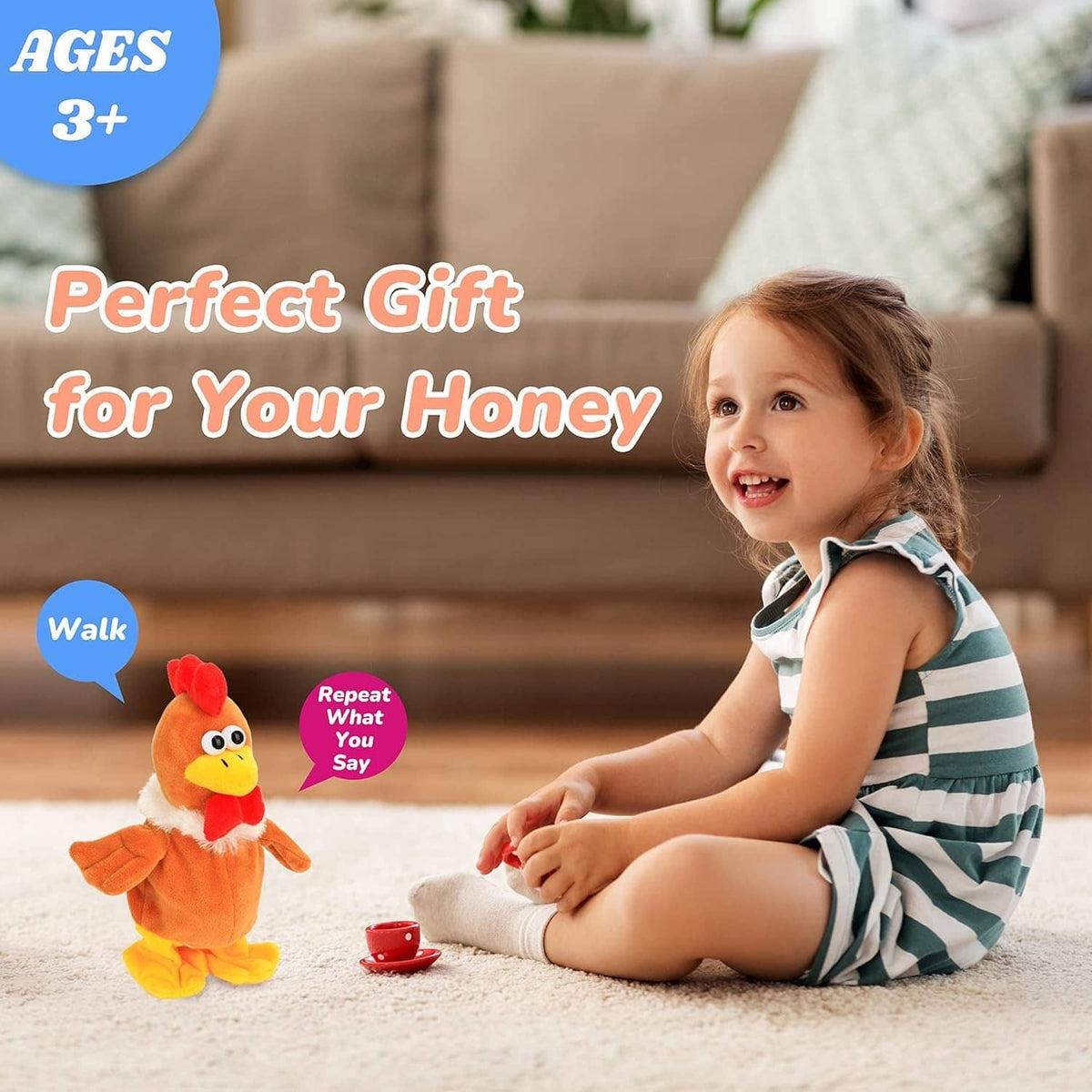 Talking chicken plush toy near a child, orange with red comb, white collar, yellow feet