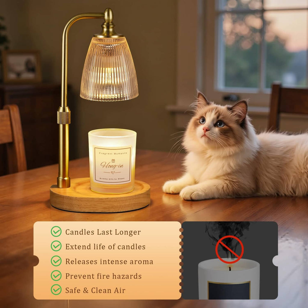 Brass clear bell candle warmer with lit jar candle on a round wooden base