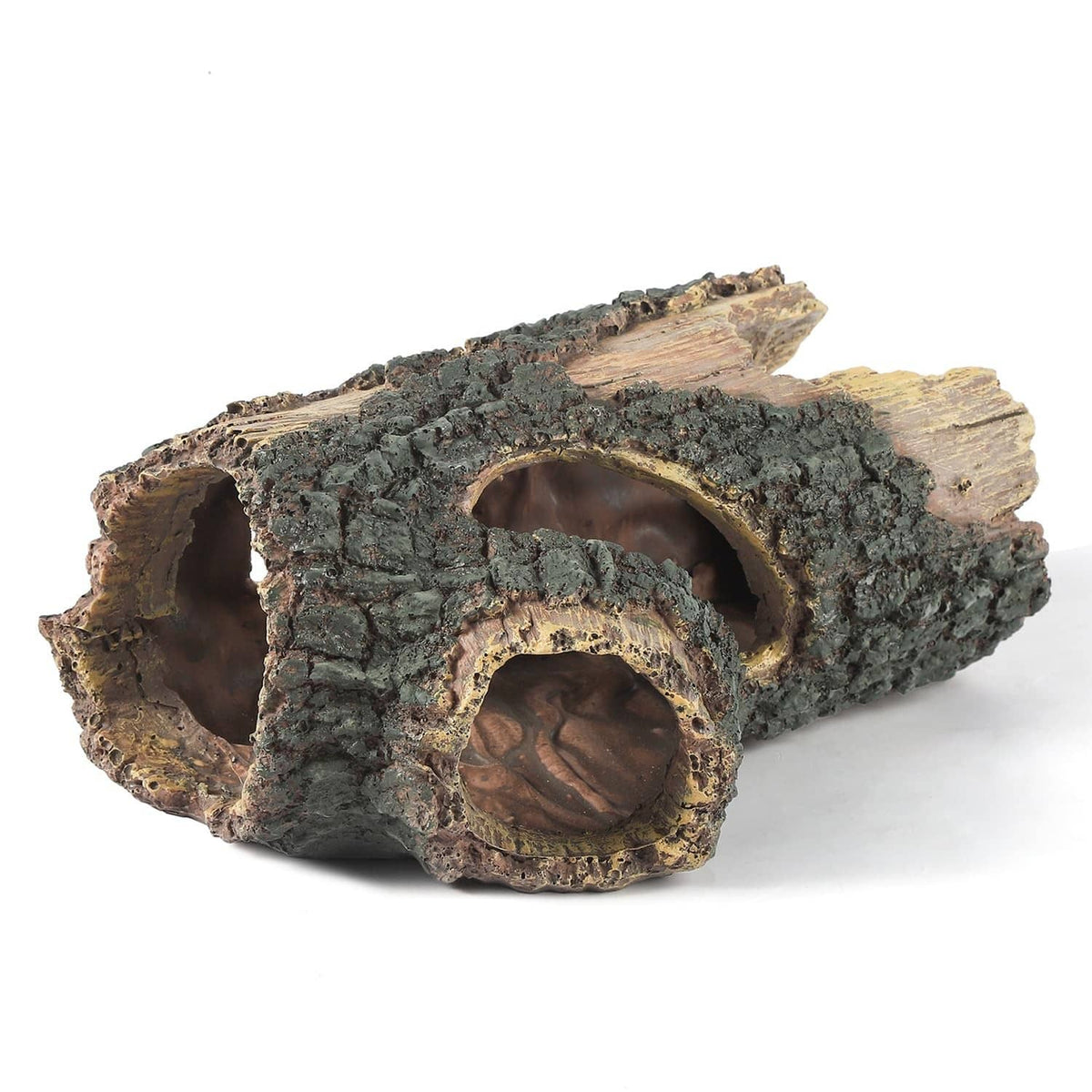 Resin aquarium log ornament with arched tunnel openings and hollow cave details