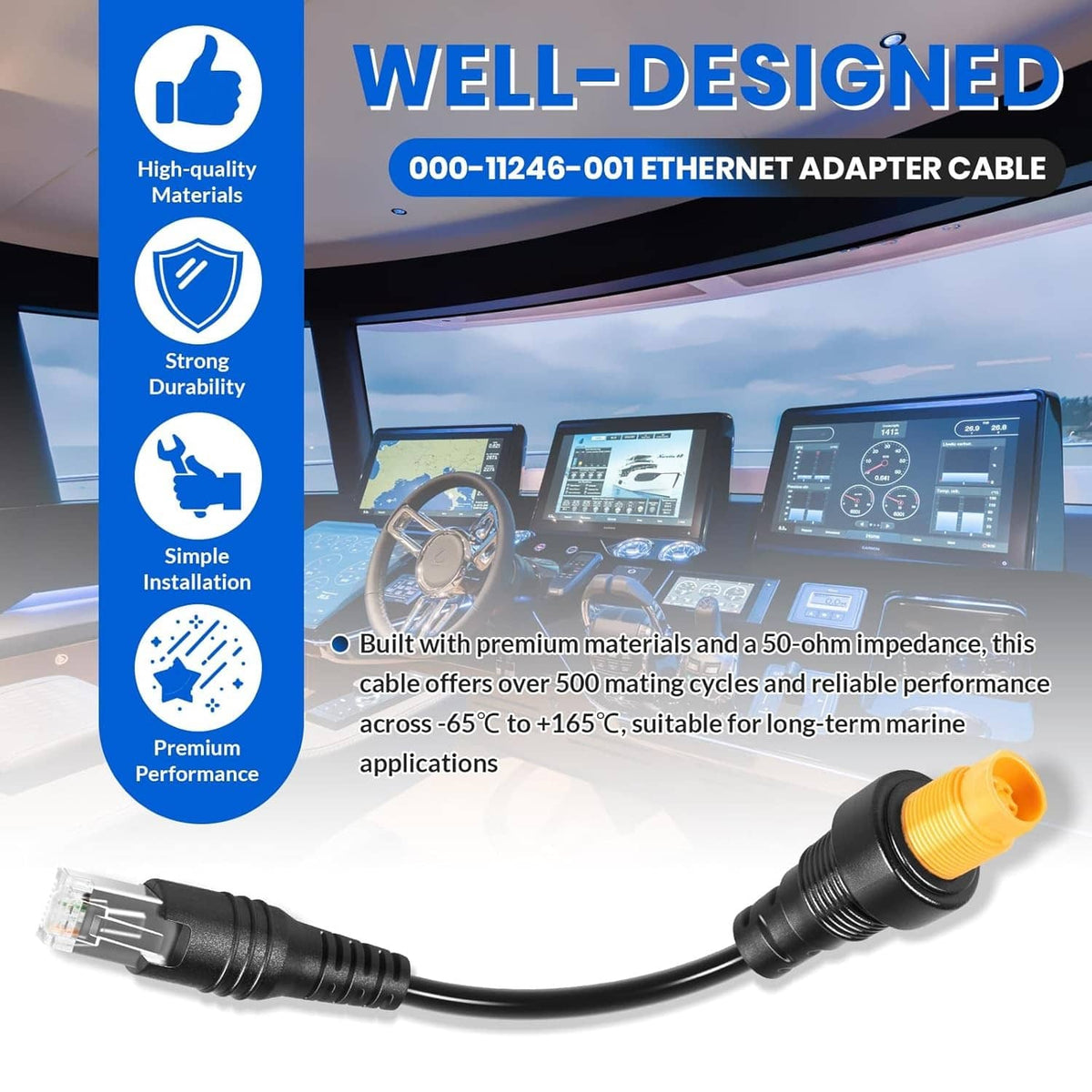 RJ45 to 5-pin Ethernet adapter cable with black cable and yellow 5-pin round connector