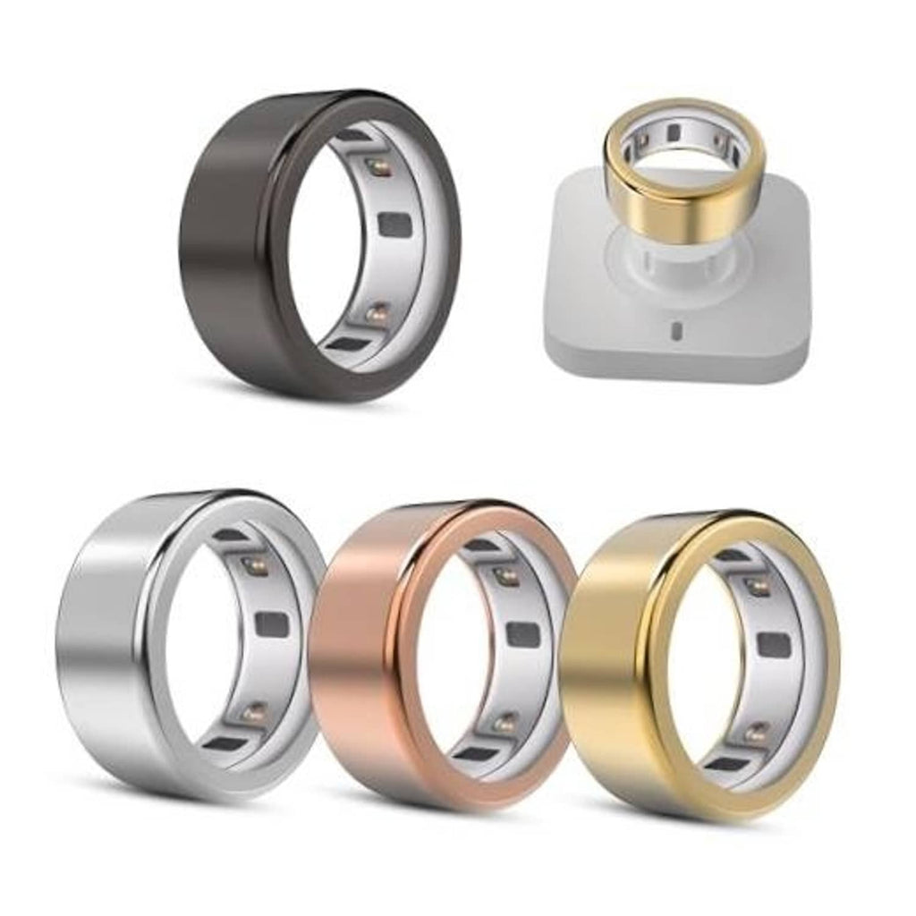 Ring case cover set in black, gold, silver, and rose gold with open inner window.