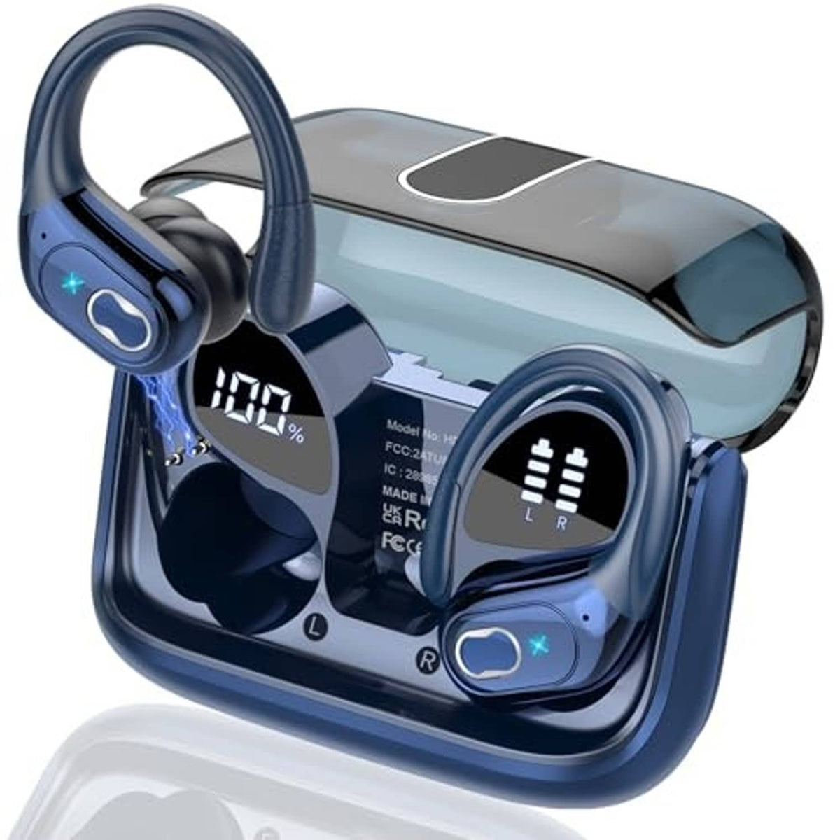 Navy wireless earbuds in open charging case with touch control panel and LED display