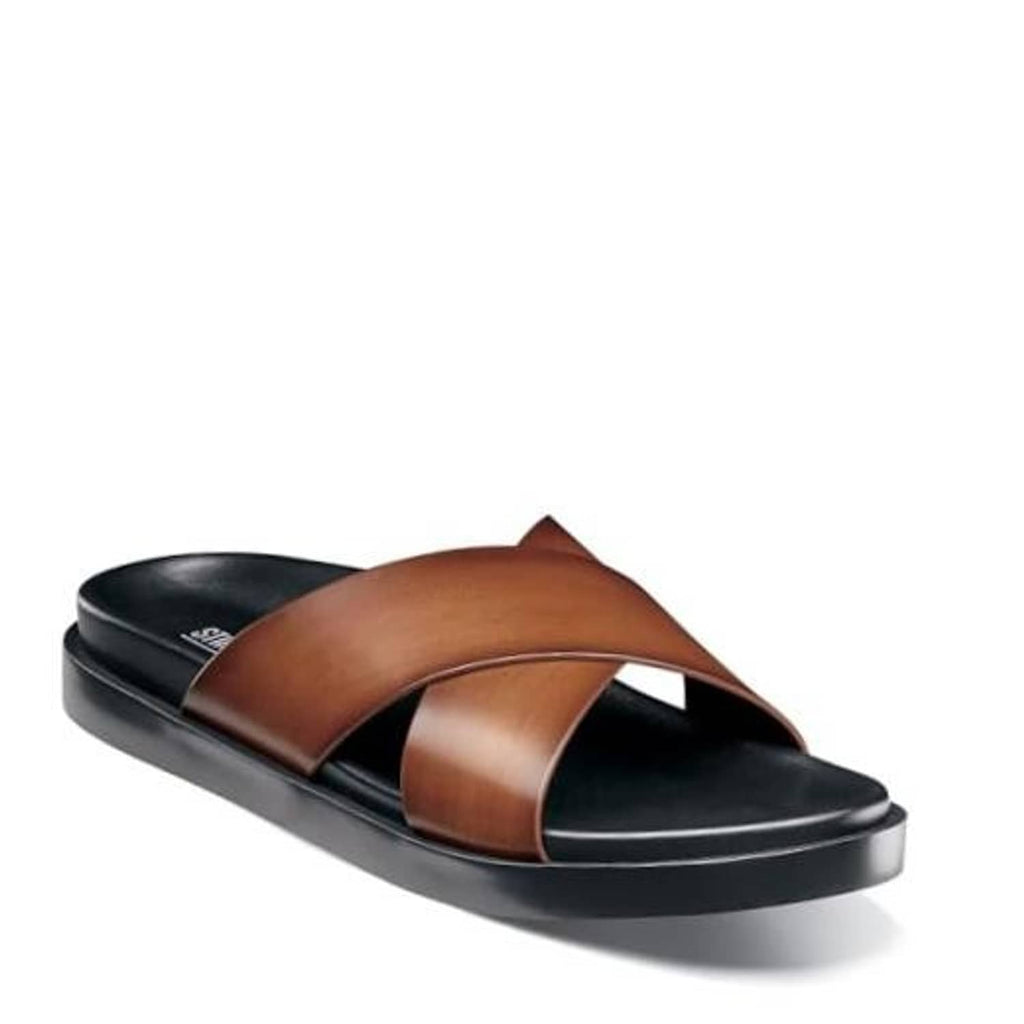 Men's cognac brown slide sandal with two wide cross straps and black sole