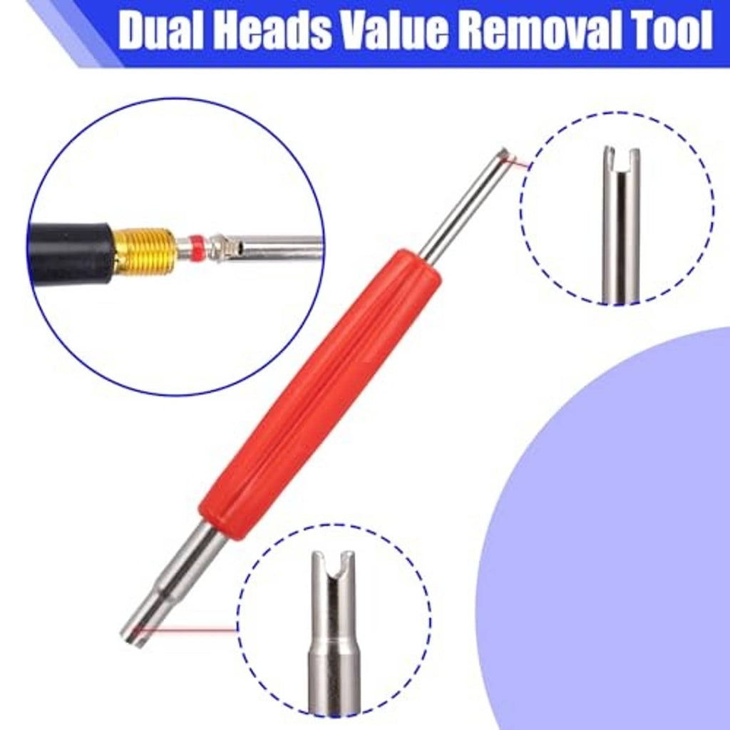 Dual-head tire valve removal tool with red handle and silver metal shaft