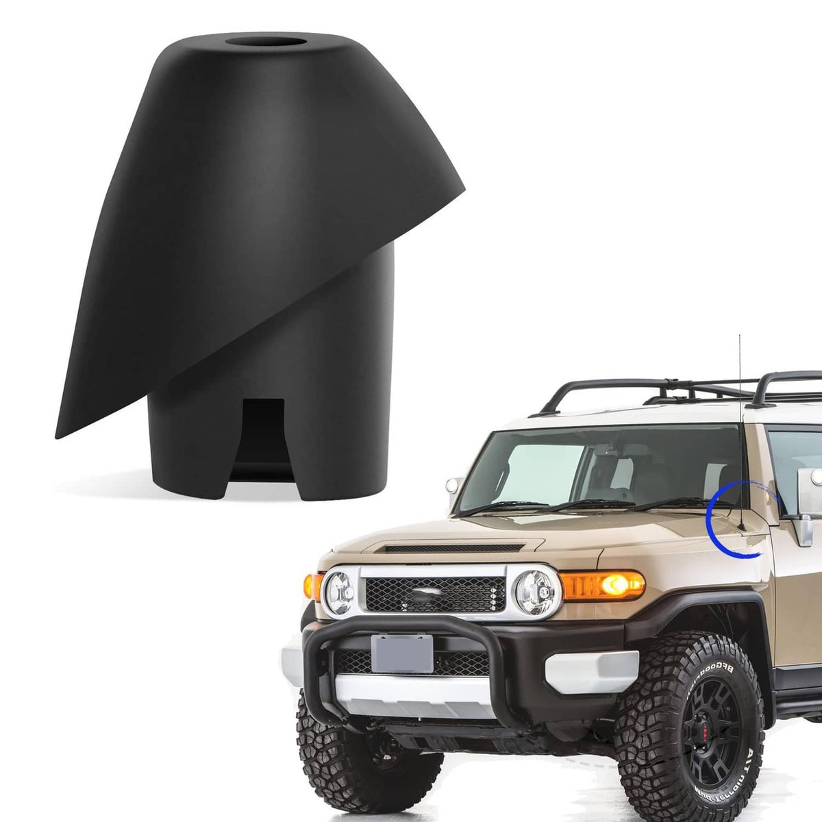 Black rubber antenna base cap with hollow top, for vehicle mounting