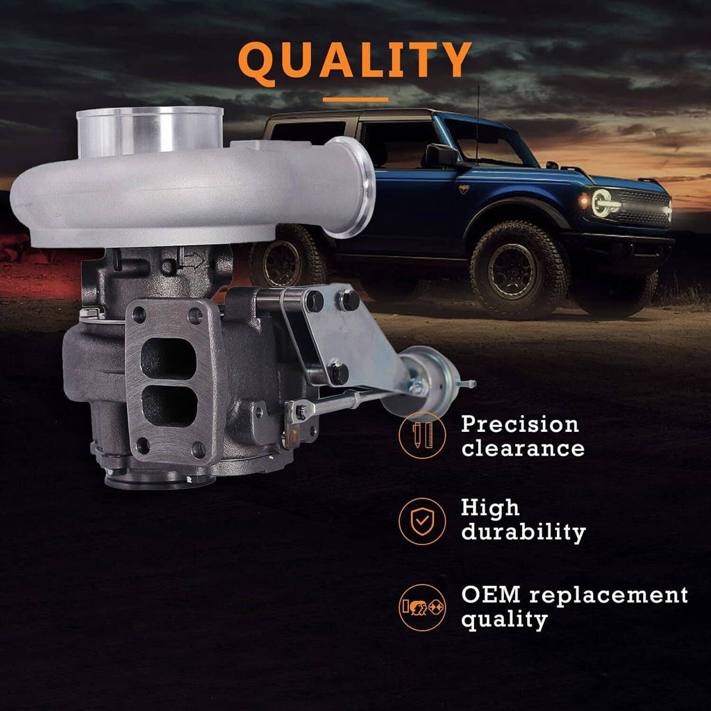 HX35W turbocharger mounted on engine-style bracket, silver compressor housing.