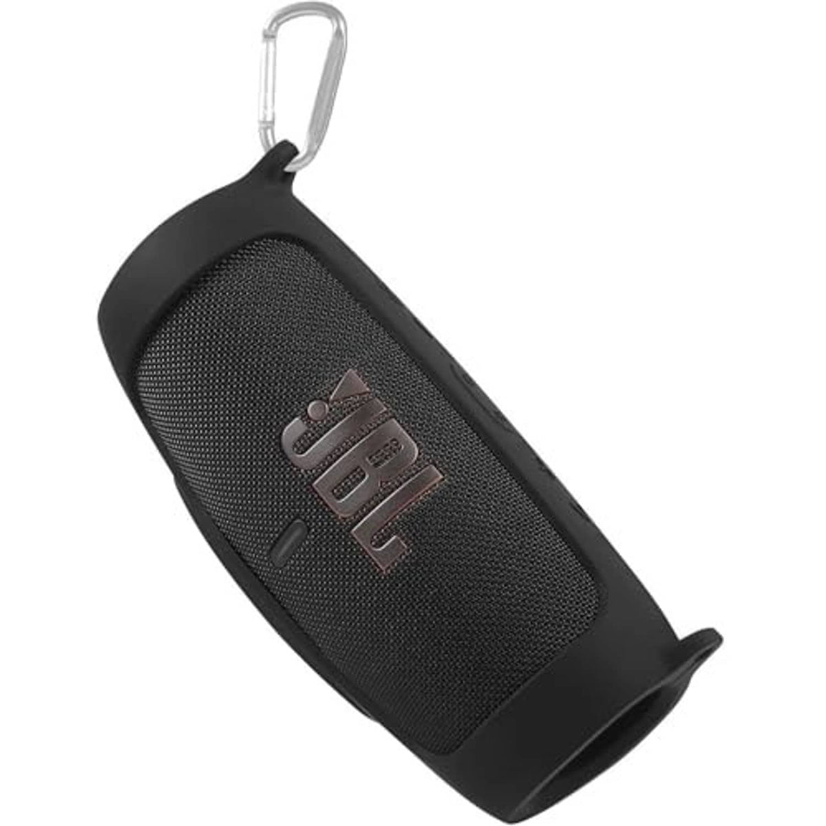 Black JBL Charge 5 speaker case cover with carabiner hook and JBL logo.