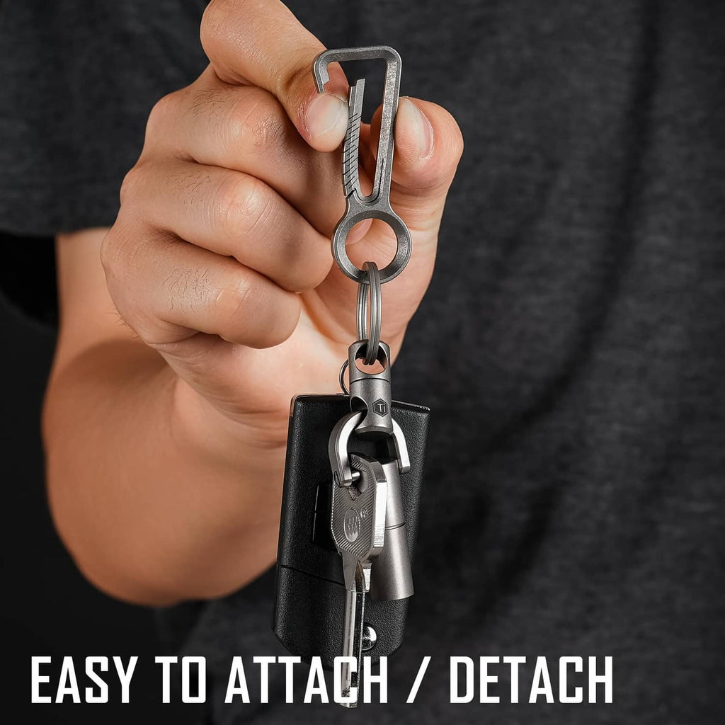Titanium carabiner keychain clip held with key ring and folding latch detail