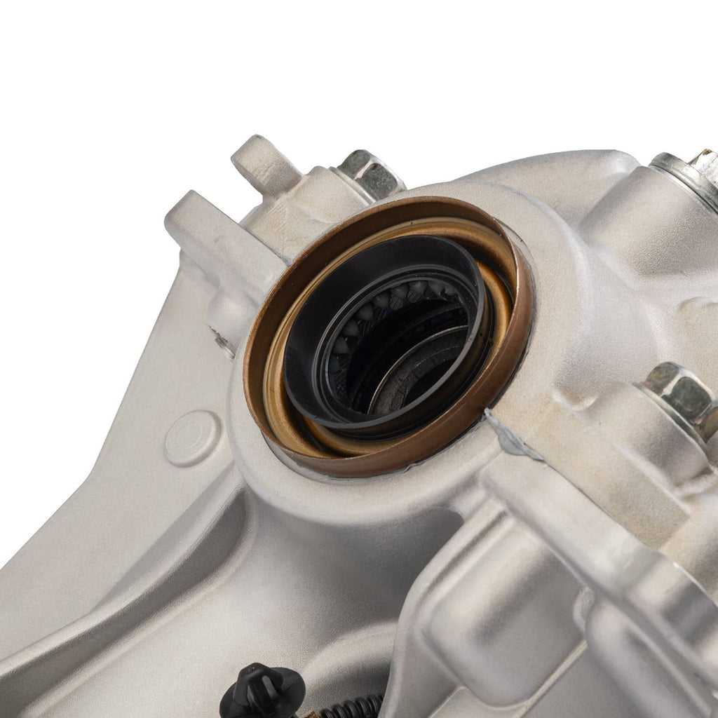 Rear axle differential carrier with coupling unit, close-up of bronze oil seal and metal housing