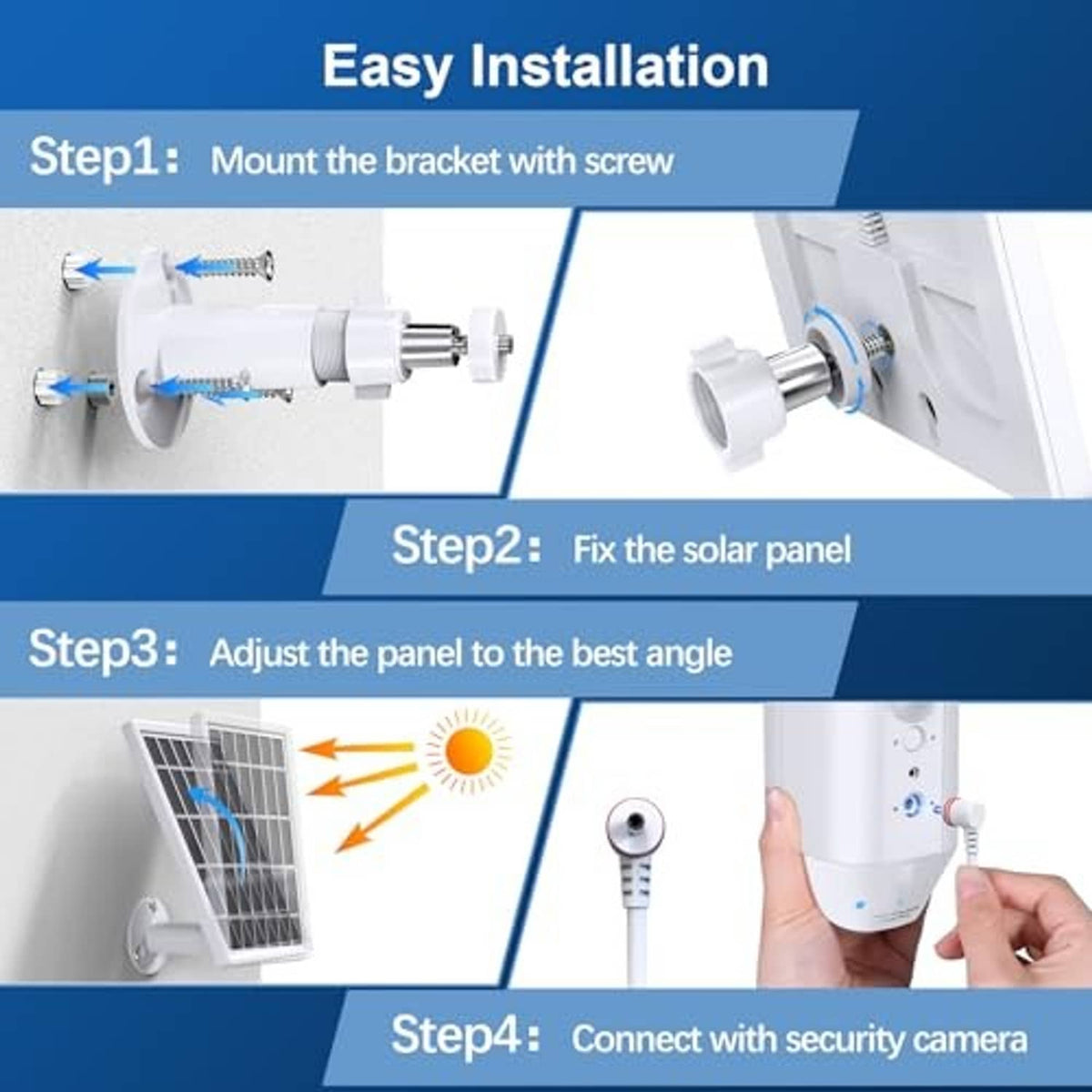 Solar panel charger installation parts: bracket, screws, cables, and adjustable panel