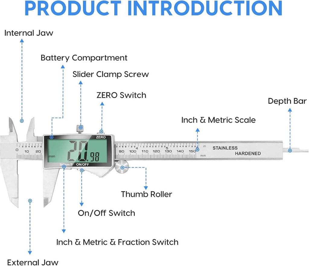 Digital caliper diagram labeling zero switch, thumb roller, and depth bar