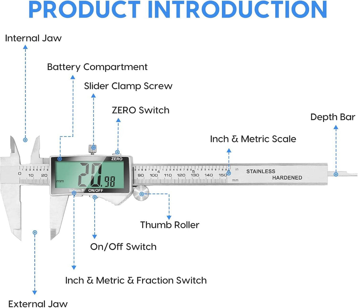 Digital caliper diagram labeling zero switch, thumb roller, and depth bar